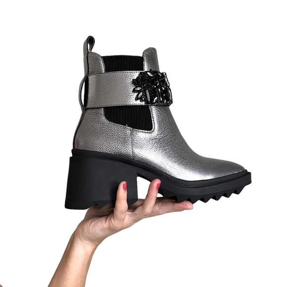Karl Lagerfeld Shoes - New KARL LAGERFELD Cavin Jewel Metallic Block Heel Ankle Combat Boot Silver 7.5